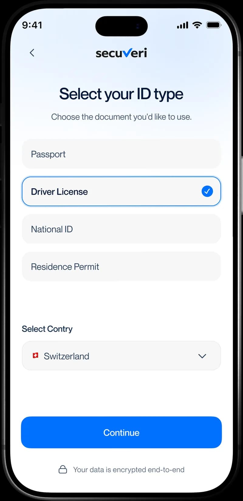 secuveri app selecting an ID type